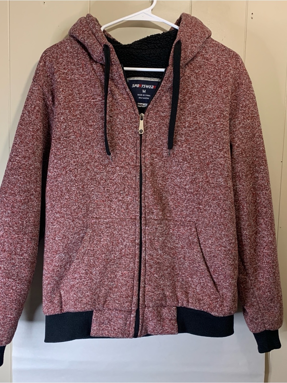 Men's Marled Burgundy Zip-Up Hoodie Sweater - Size M with black Sherpa inside